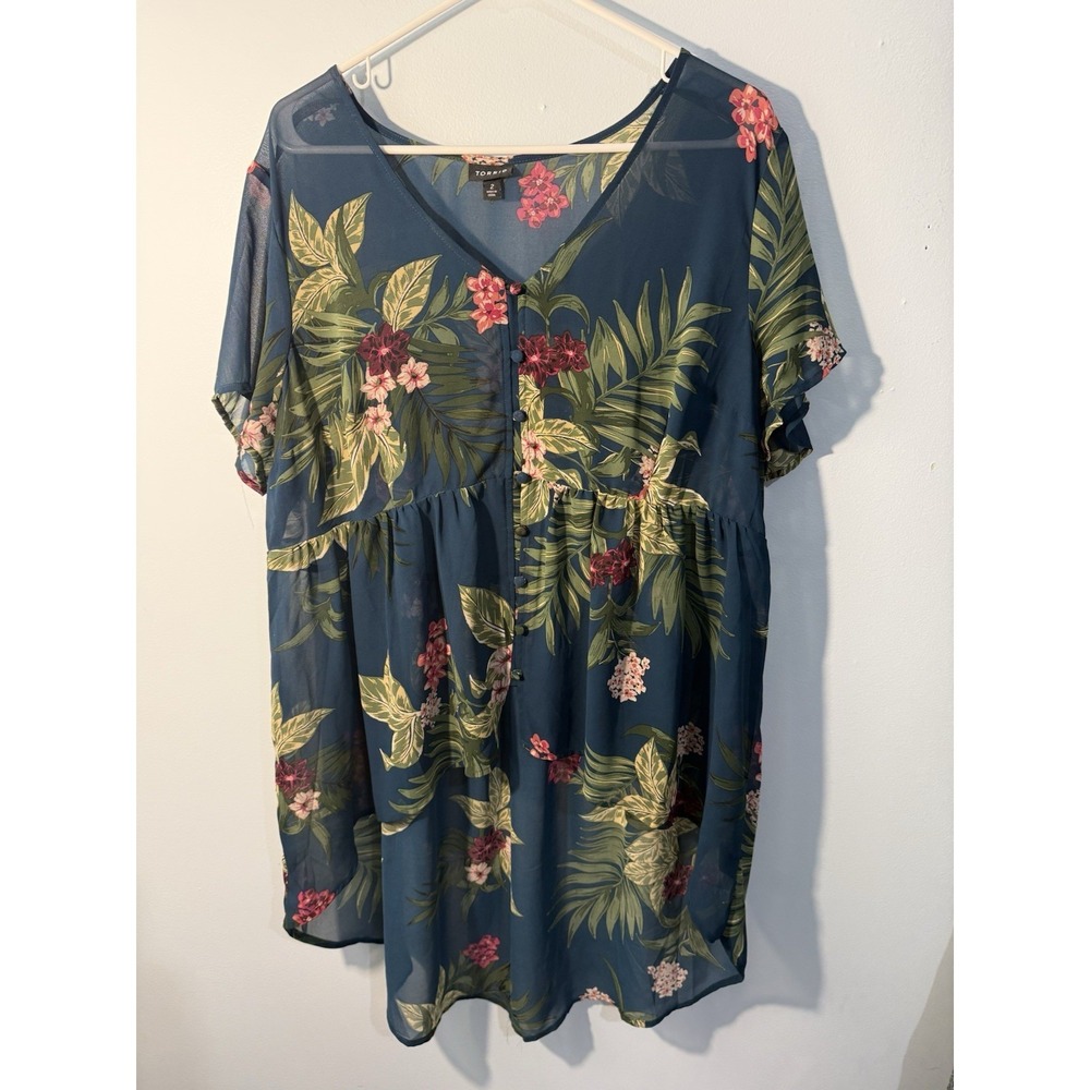 TORRID Women's Floral Chiffon Babydoll Tunic Teal Hi-Lo Tropical Size 2